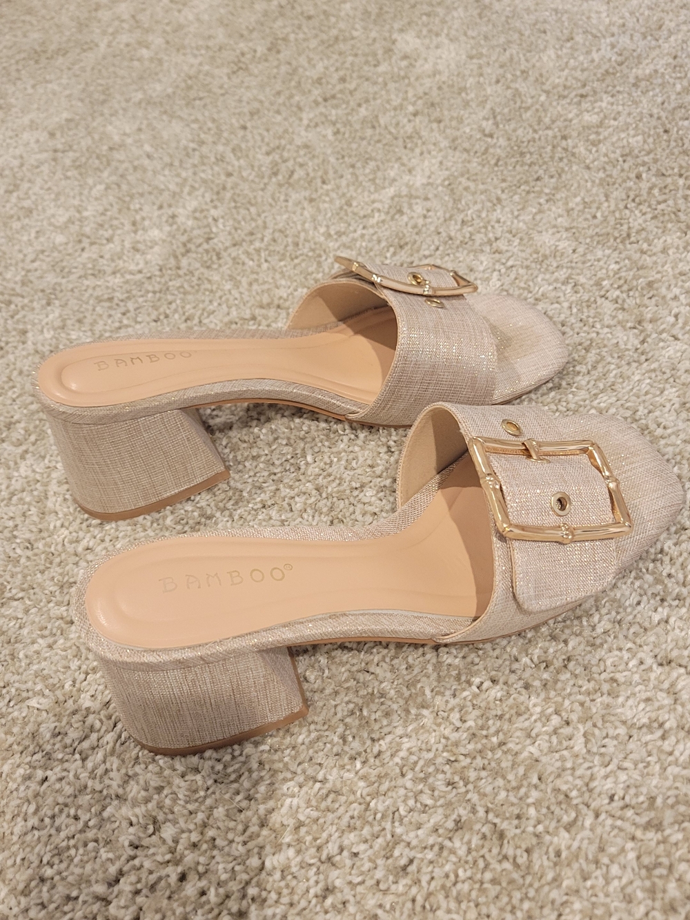 BAMBOO Gold-Buckle Nude Block Heel Mules